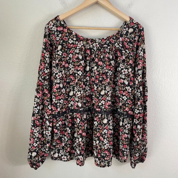 Knox Rose Womens XL Floral Blouse Square Neck Long Sleeve Boho Tassel Tie Shirt - Picture 11 of 11